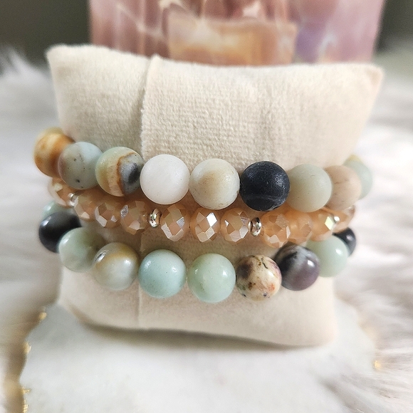 NWT Ryze Natural Stone Druzy & Amazonite Beaded Staxx Bracelets - Set of 3 - Picture 4 of 6